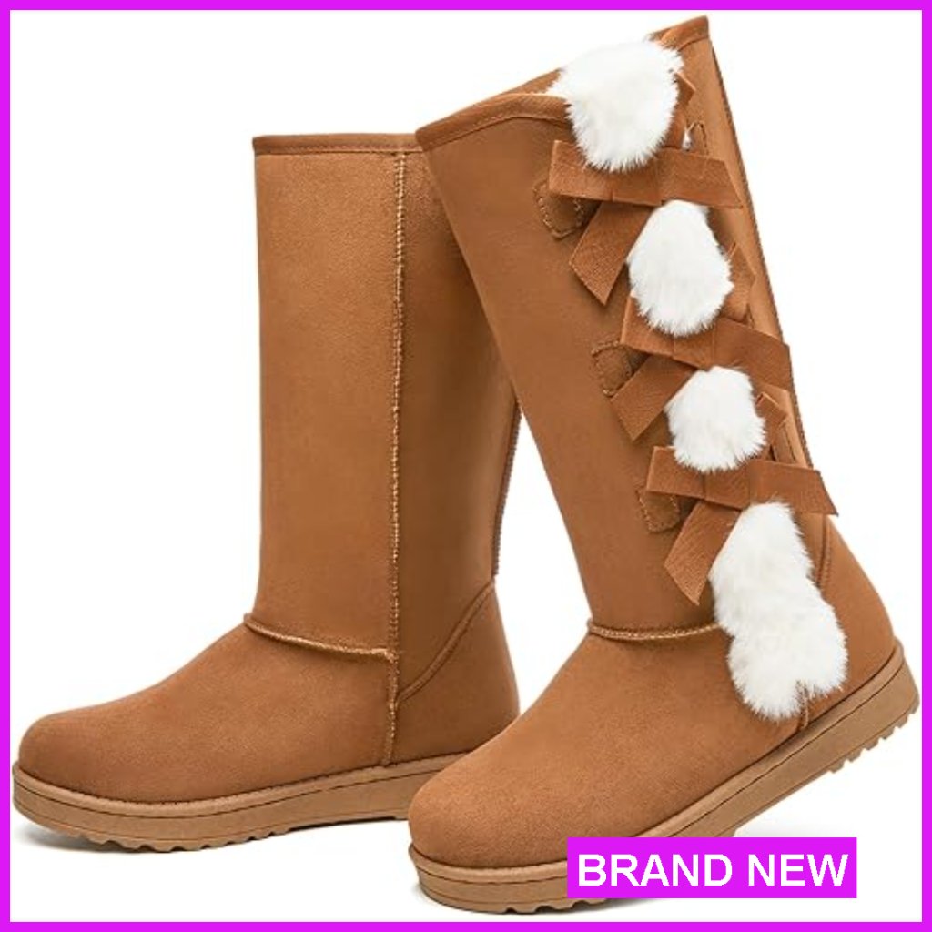 Faux Suede Mid Calf Snow Boots Warm Fuzzy Lined Classic Bow Tie Winter Booties